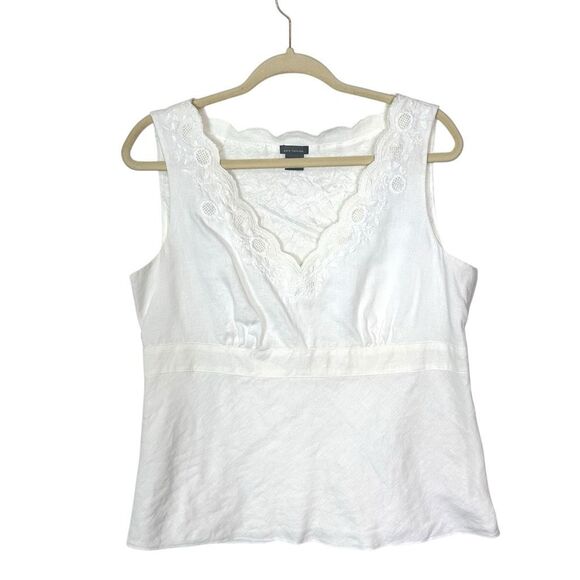 Ann Taylor Top Vintage Linen 12 White Sleeveless Embroidered Scallop V Blouse - Picture 1 of 15